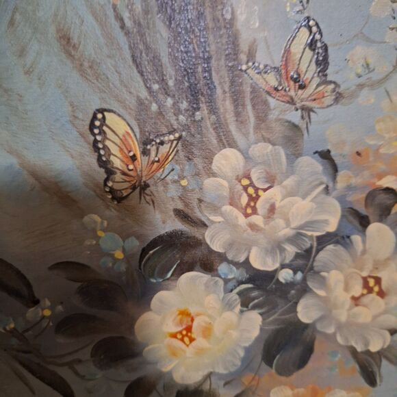 A Vintage Japanese Painting on Canvas Framed Artwork Floral Butterfly - Picture 2 of 16